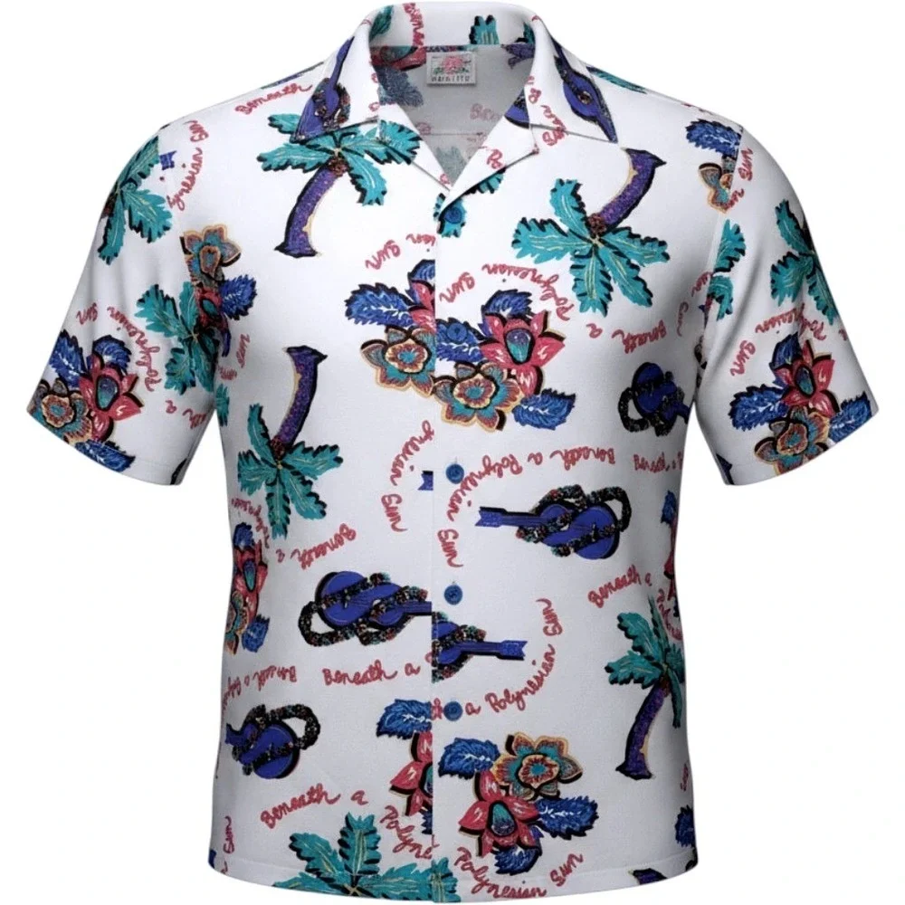 POI Hawaiian Aloha Shirt Mens L White Tropical Floral Palm Camp Button Up‎ Rayon